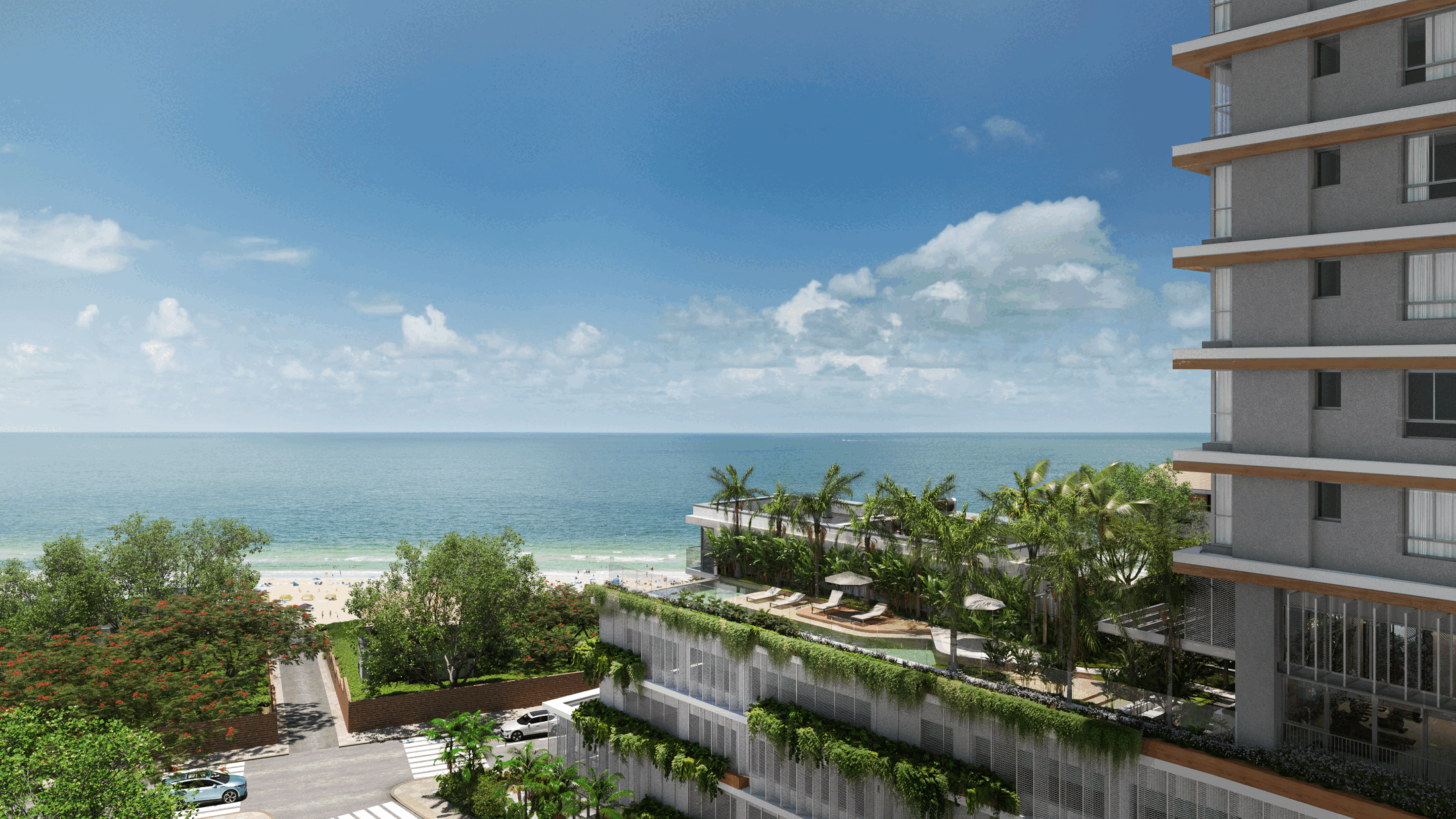 Vista mar do Amaran — frente mar a 50 m da praia em Penha/SC, com estrutura de lazer no rooftop