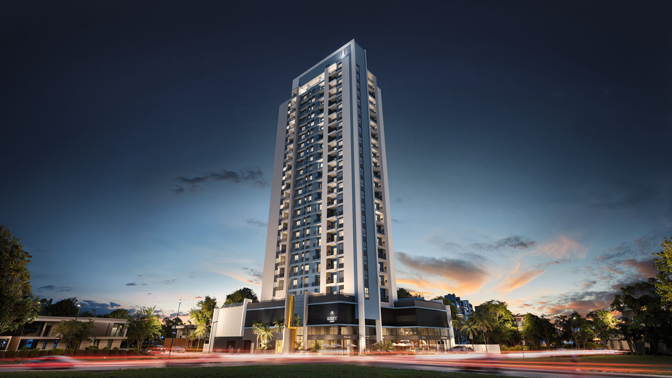 Render noturno do Azure — torre e embasamento com fachada comercial, em Penha/SC