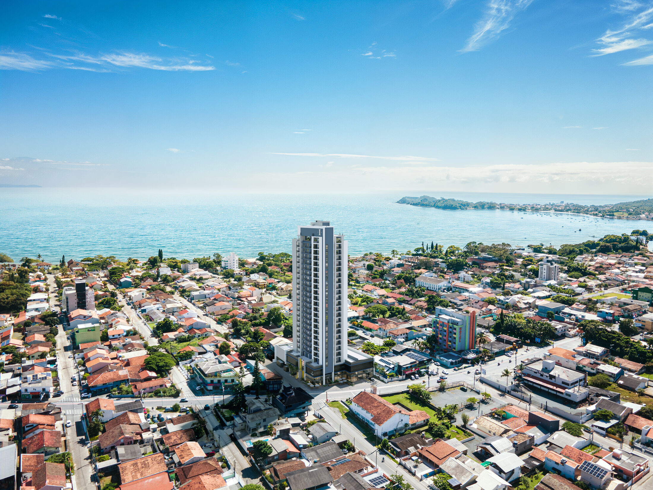 Render aéreo do Azure em Penha/SC — torre única entre a praia da Armação e o Beto Carrero World