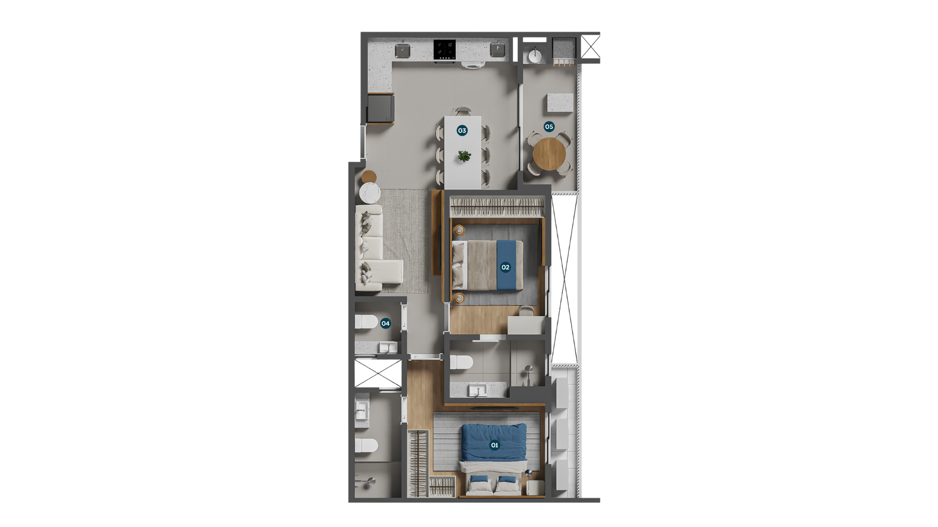 Planta Duo Suítes do Azure — 72,97 m²: 2 suítes, living integrado, cozinha e sacada