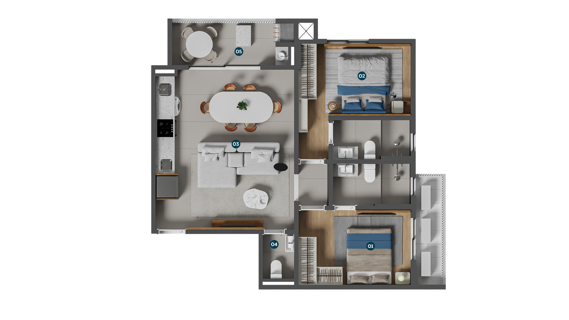 Planta Duo Suítes do Azure — 73,46 m²: 2 suítes, living integrado, cozinha e sacada