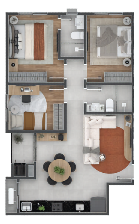 Planta Tipo 1 do Zaya — suíte + 2 quartos, 72,34 m²