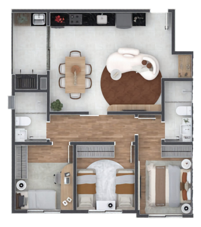 Planta Tipo 2 do Zaya — suíte + 2 quartos, 74,13 m²