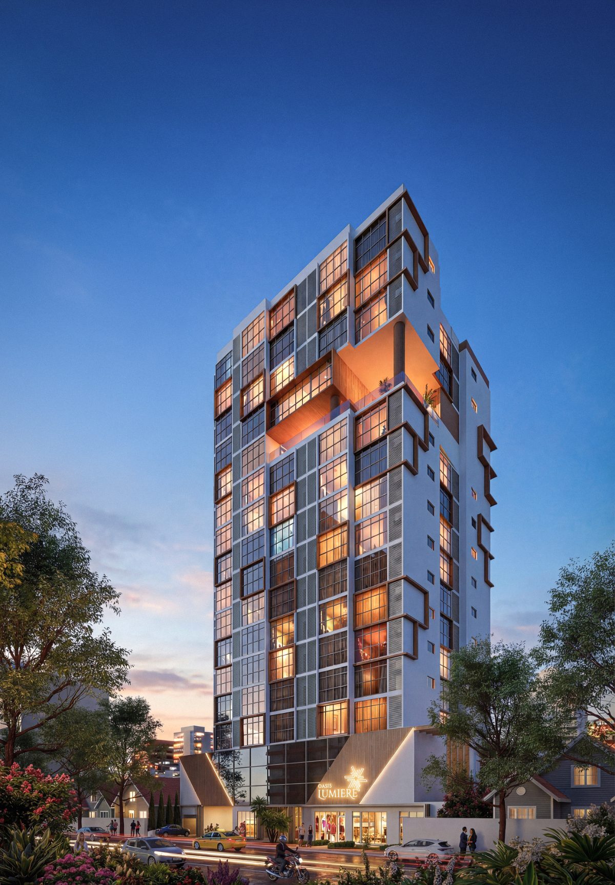 Render noturno da fachada do Lumiére em Navegantes