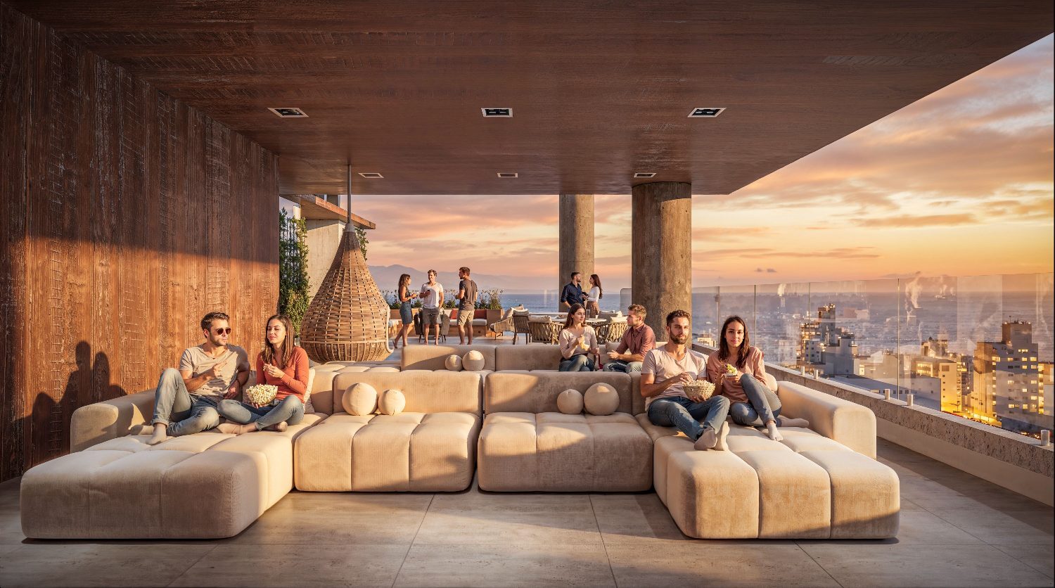 Lounge e cinema ao pôr do sol no rooftop