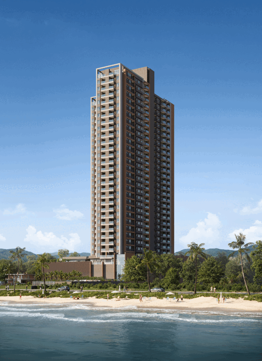 Render da fachada do Orla da Barra, torre frente mar na Praia do Tabuleiro — Barra Velha/SC