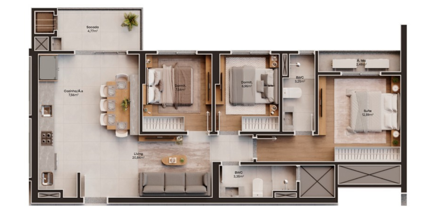 Planta baixa do apartamento — 2 dormitórios, suíte, living, cozinha e sacada, 68,12 m²